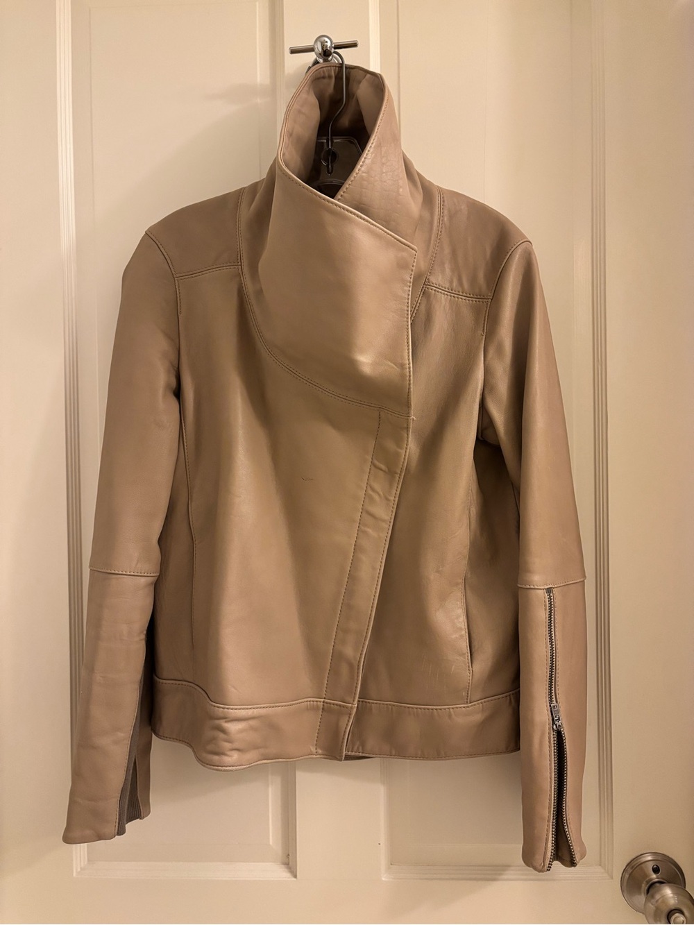 Helmut Lang Taupe Beigr Leather Funnel Neck leather jacket